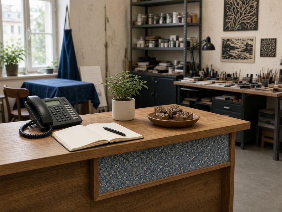 Contact desk at Denim Serfs Print Studio in Kaunas